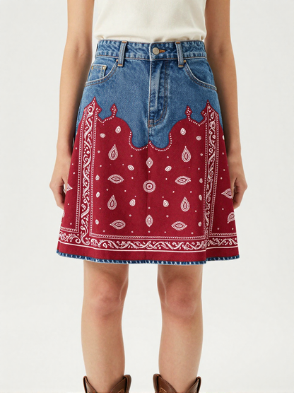 Classic Red Bandana Denim Mini Skirt – Front View – Jessie – Red / White
