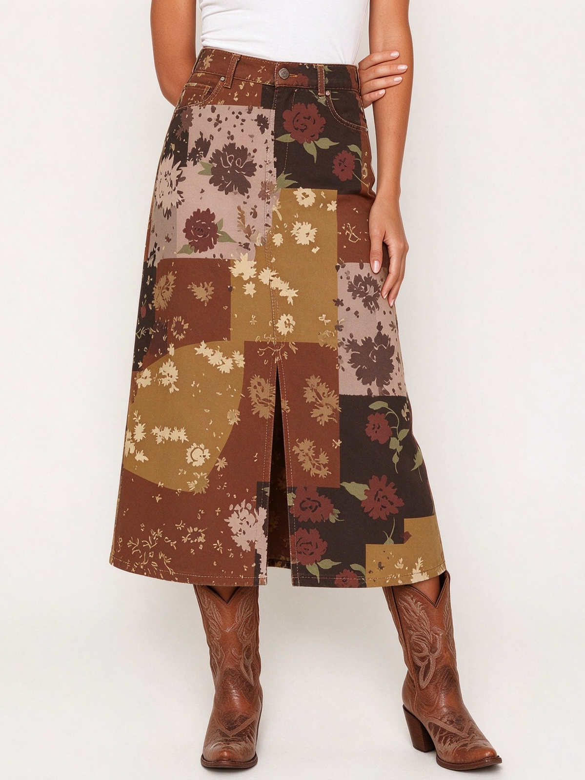 Desert Bloom Brown Western Denim Midi Skirt – Front View – Riley – Brown