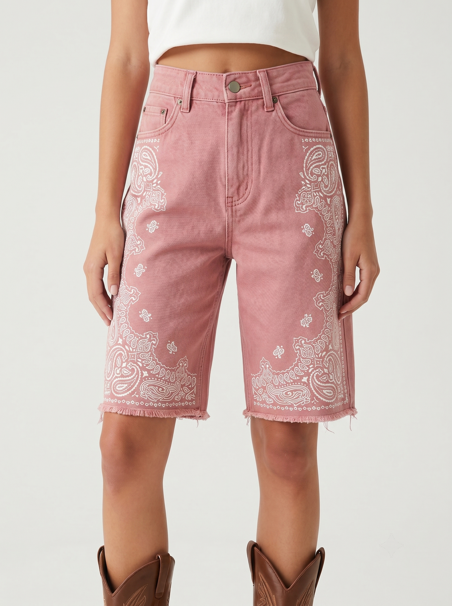 Teal Mandala Panel Denim Shorts – Front View – Riley – Medium Blue