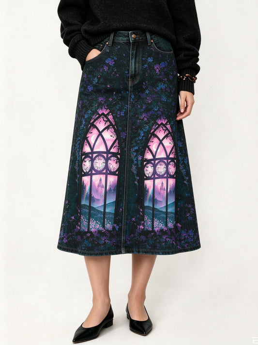 Stained Glass Ankle-Length Denim Skirt