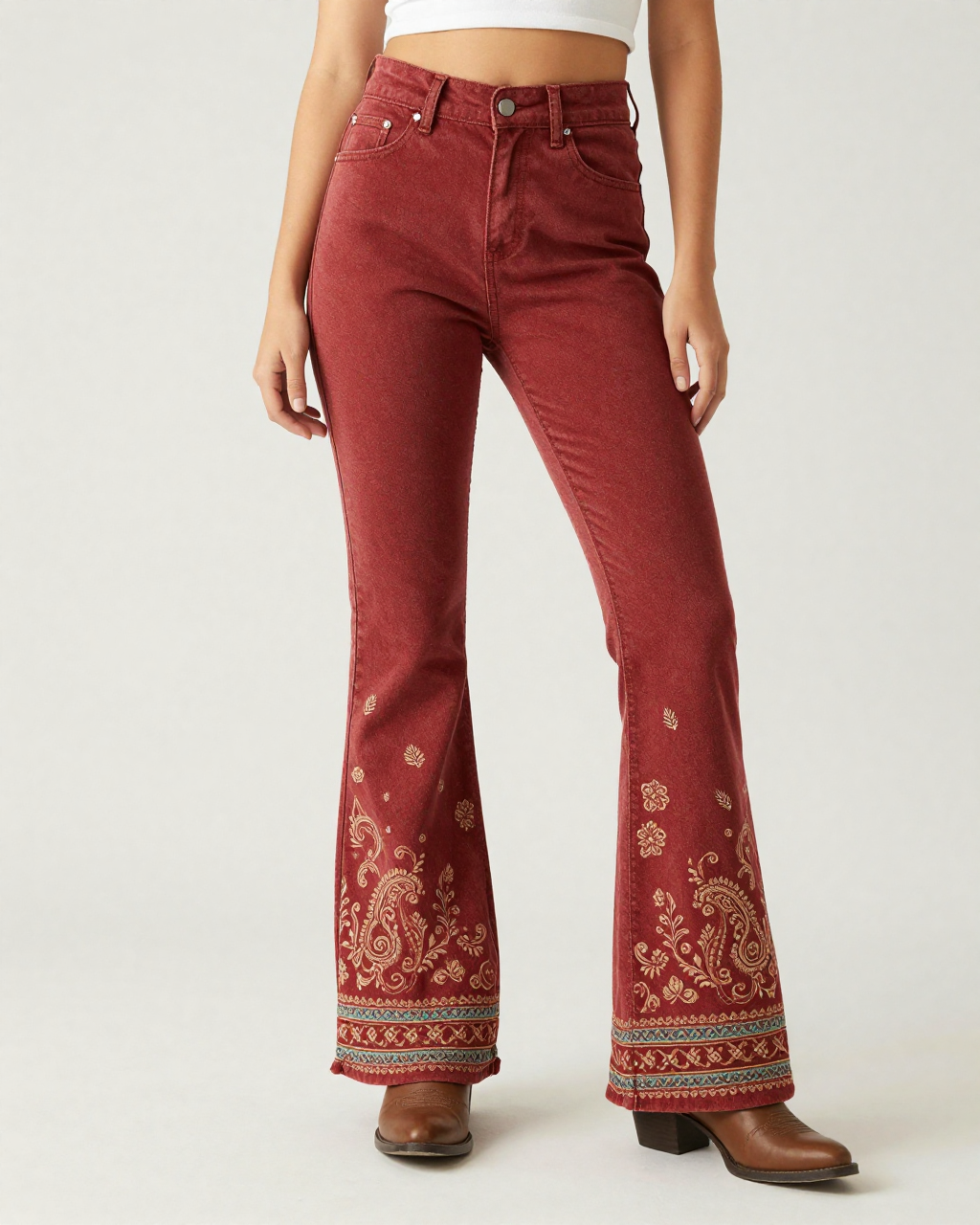 Rust Paisley Hem Bootcut Jeans – Front View – Riley – Rust Red