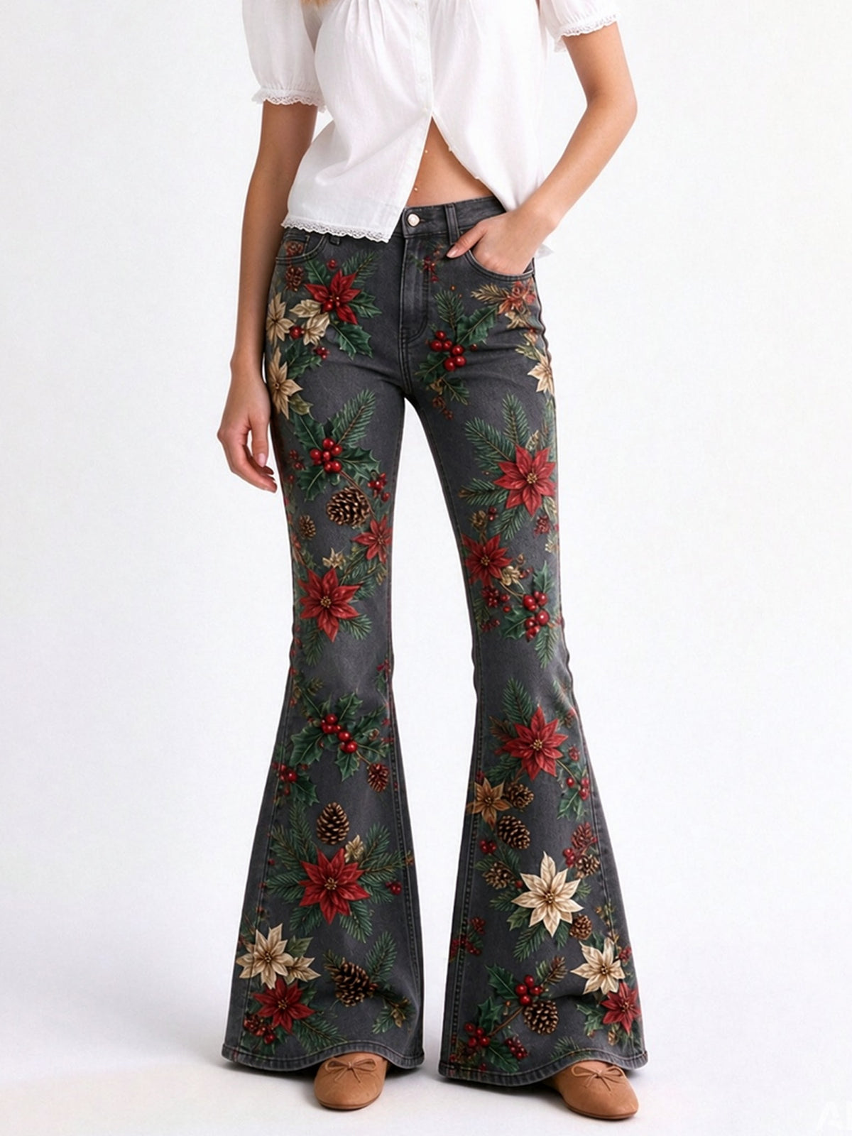 Prairie Poinsettia Bloom Flare Jeans