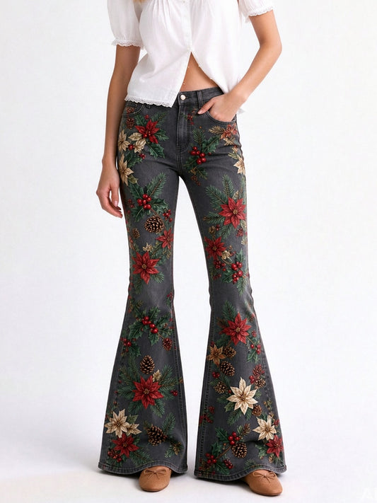 Prairie Poinsettia Bloom Flare Jeans