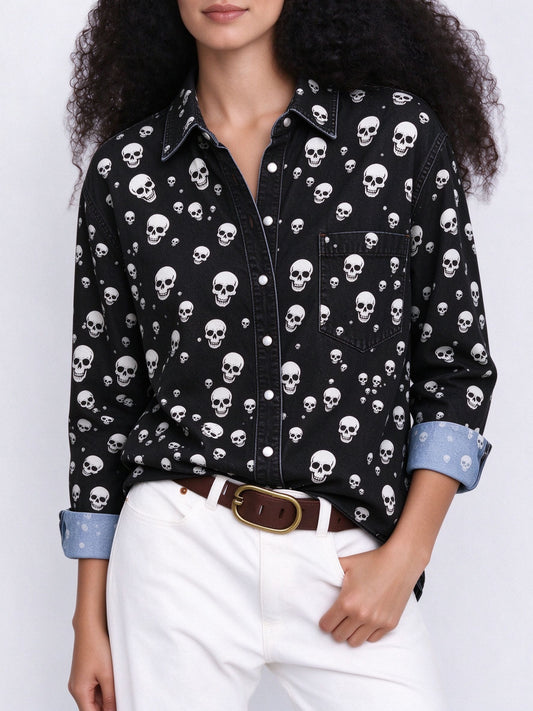 Skull Saddle Long Sleeve Denim Shirt