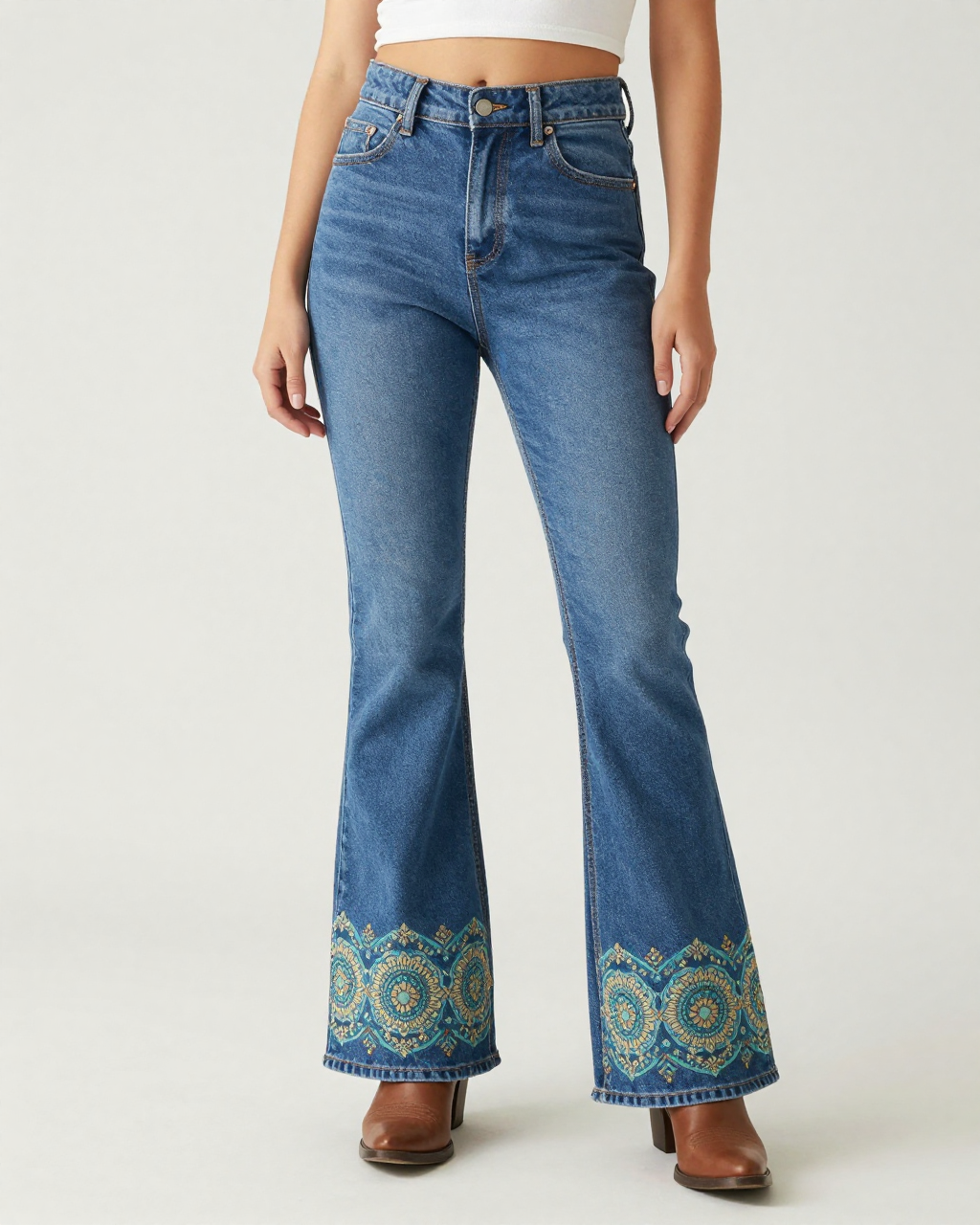Mandala Hem Band Bootcut Jeans – Front View – Riley – Medium Blue
