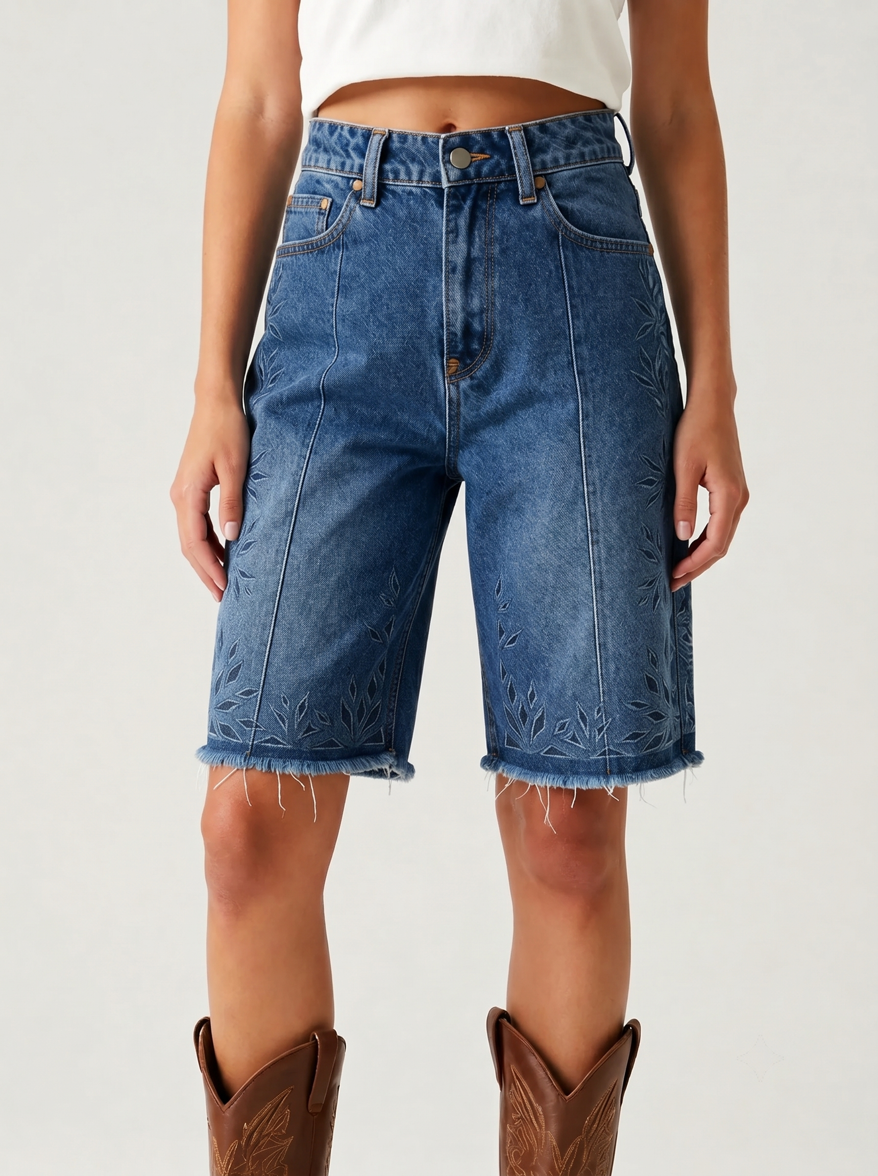 Blue Concho Allover Denim Shorts – Front View – Riley – Light Blue