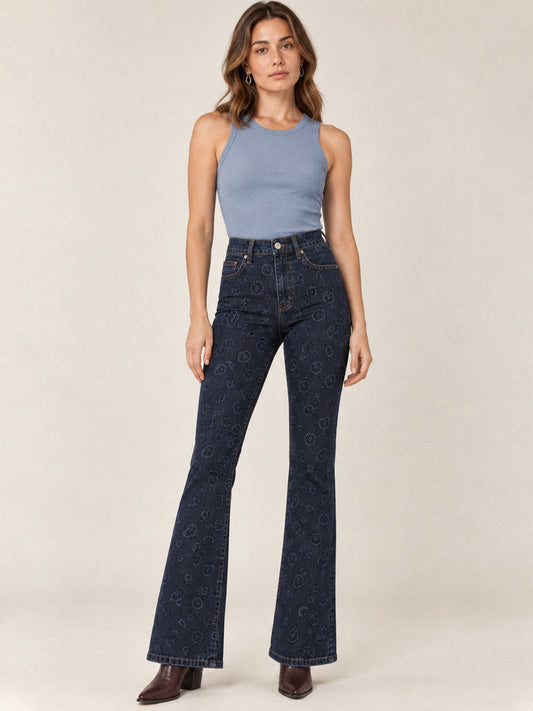 Prairie Bloom Bootcut Jeans – Front View – Riley – Navy Blue
