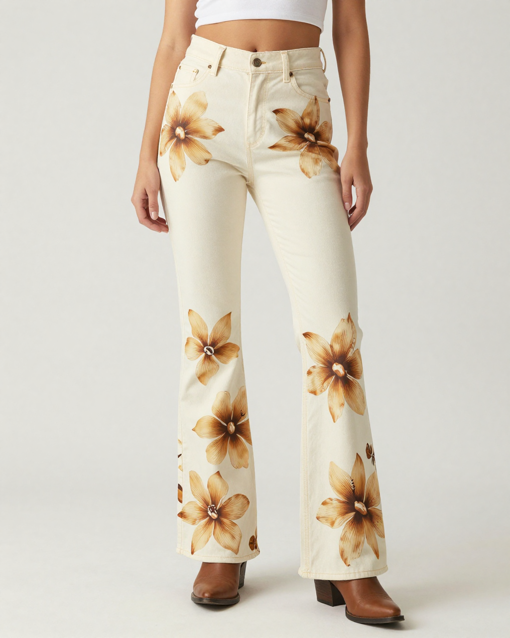 Cream Tropical Bloom Bootcut Jeans – Front View – Riley – Cream White