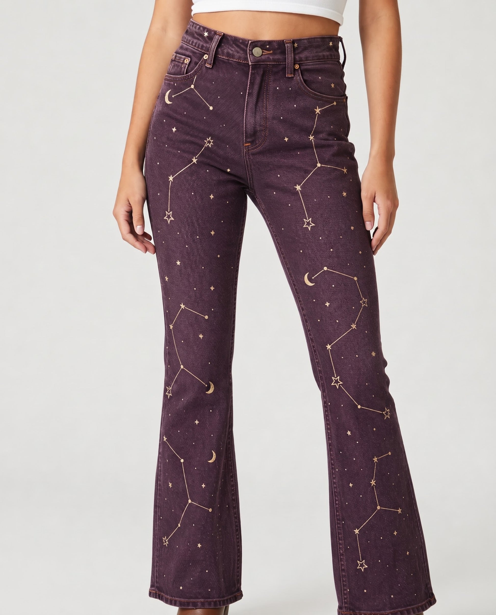 Starry Sage Bootcut Jeans – Front View – Riley – deep purple