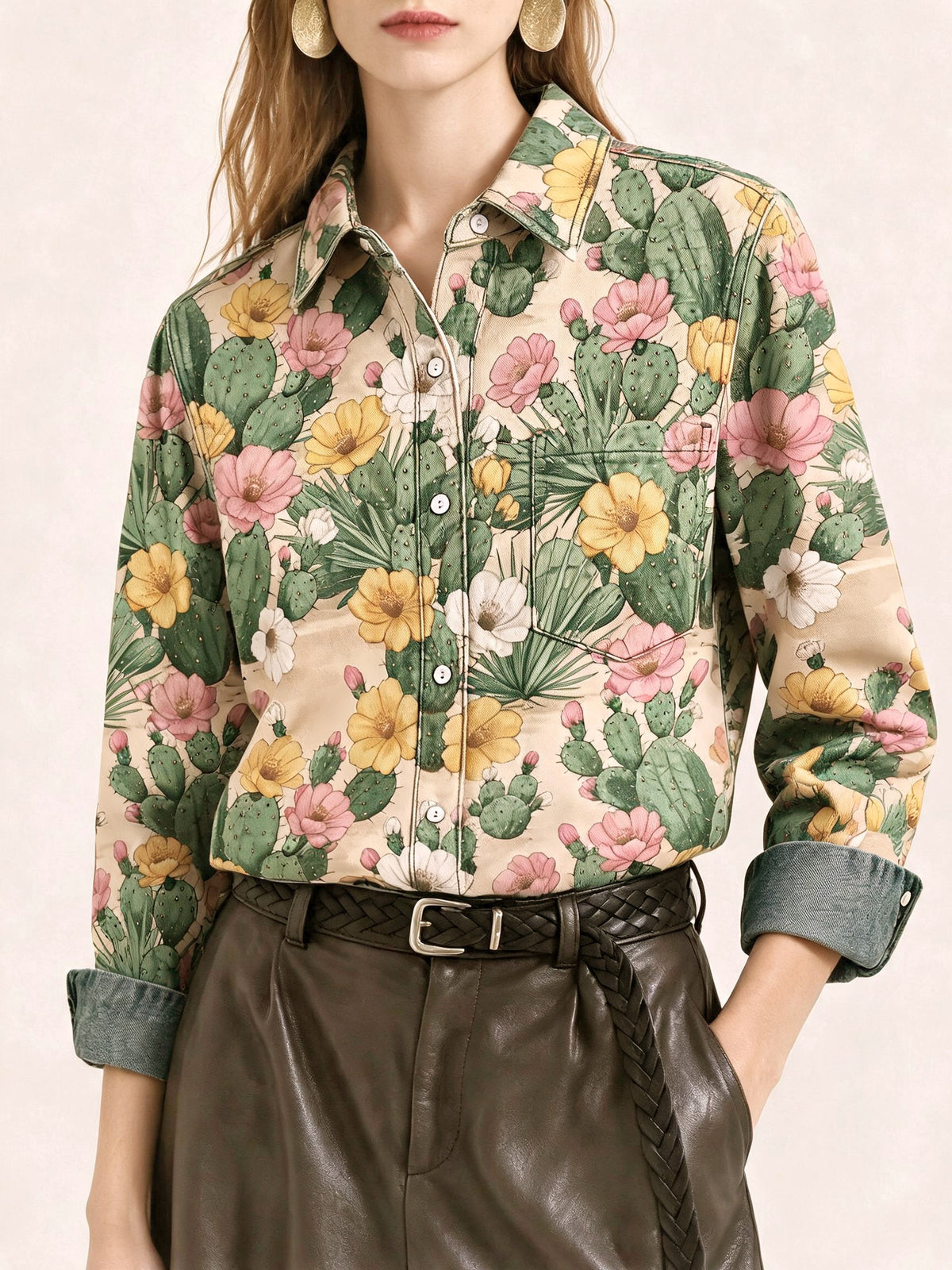 Desert Cactus Bloom Long Sleeve Denim Shirt