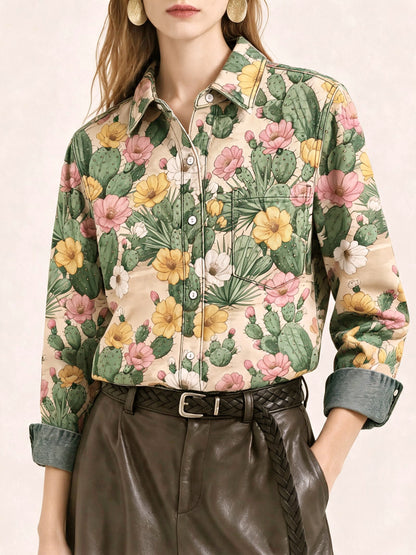 Desert Cactus Bloom Long Sleeve Denim Shirt