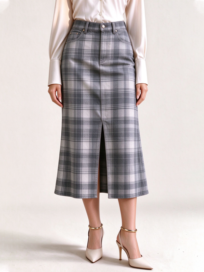 Ranch Ridge Western Denim Midi Skirt – Front View – Riley – Gray