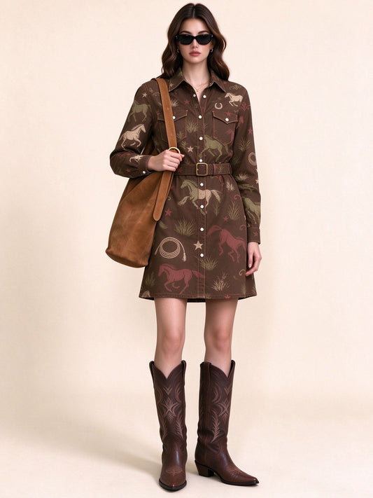 Sagebrush Ride Belted Shirt Dress
