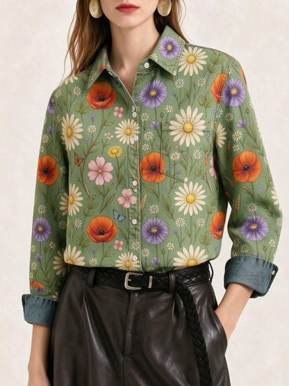 Prairie Poppy Bloom Long Sleeve Denim Shirt