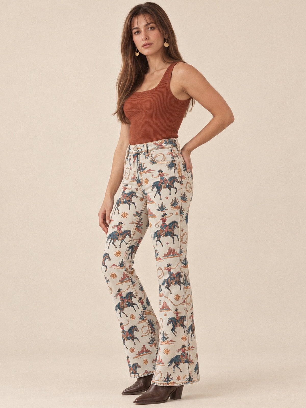 Desert Rider Bootcut Jeans – Front View – Riley – cream, rust, navy, tan