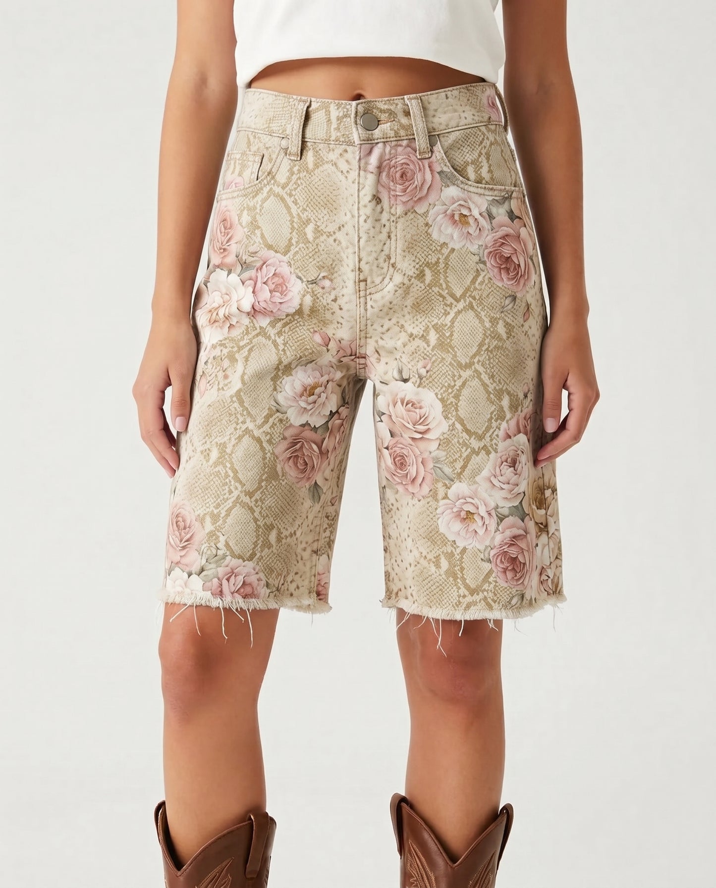 Turquoise Vine Scroll Denim Shorts – Front View – Riley – Medium Blue