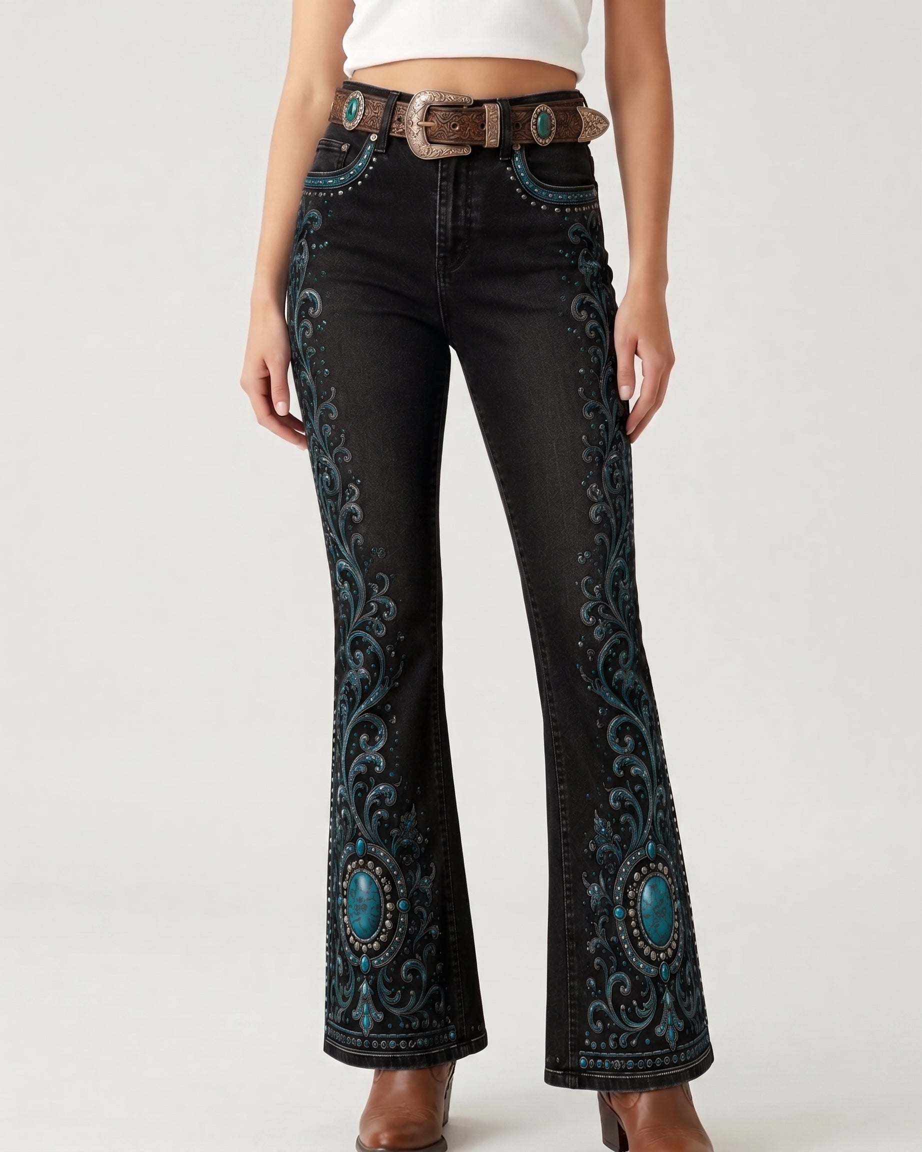 Navy Filigree Gradient Bootcut Jeans – Front View – Riley – Dark Navy