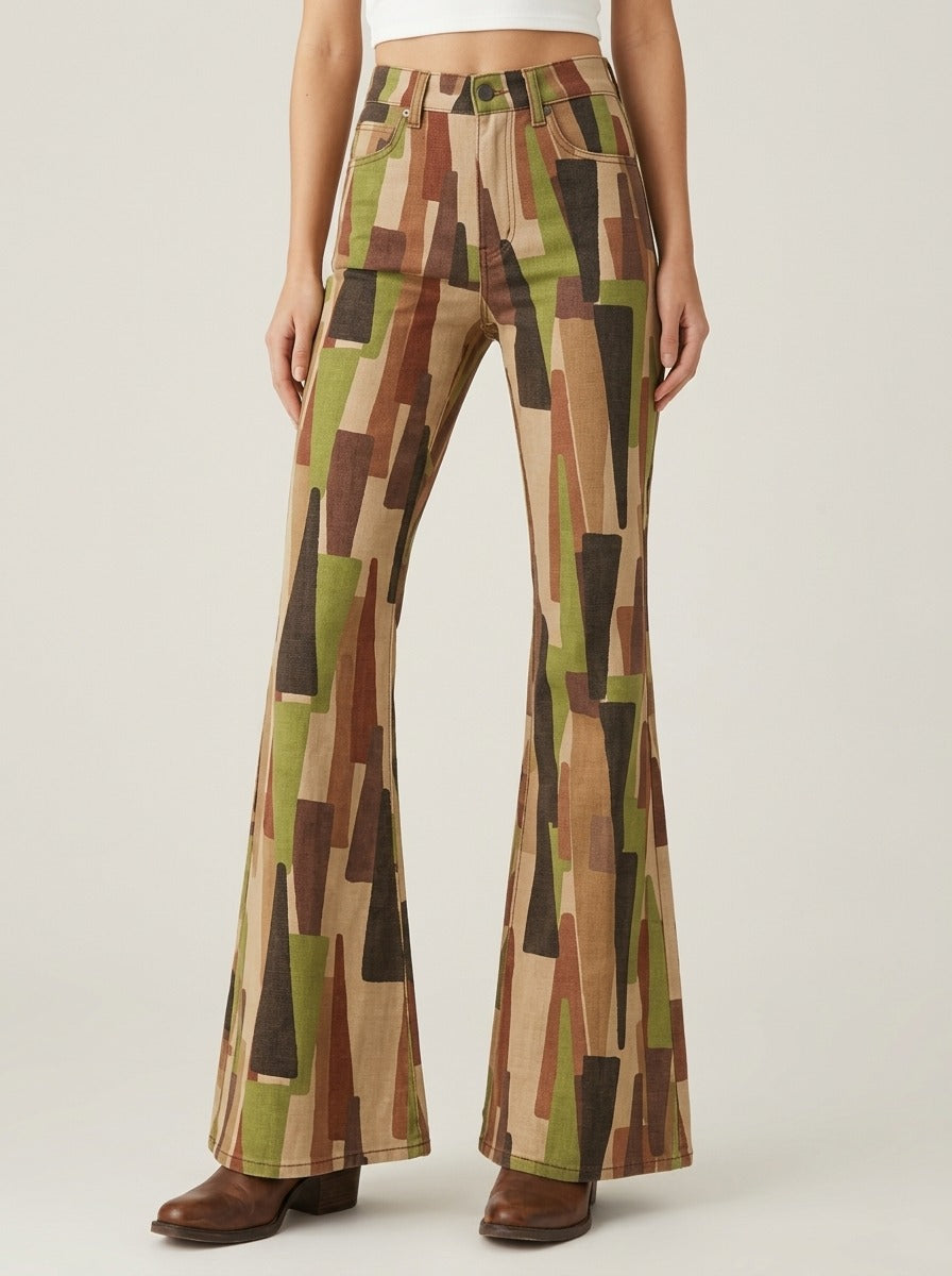 Desert Mirage Olive Bootcut Jeans – Front View – Riley – olive green, brown, tan