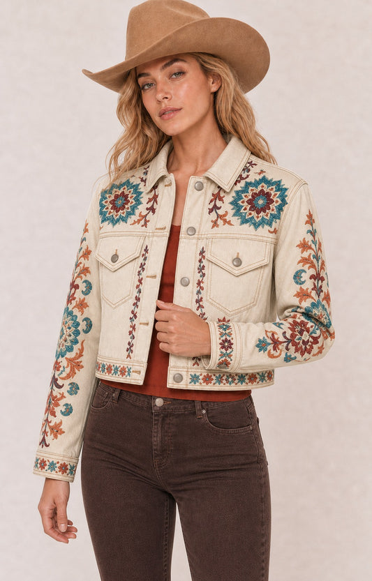 Desert Bloom Cream RB-JKT01 – Front View – Riley – cream, teal, rust, maroon