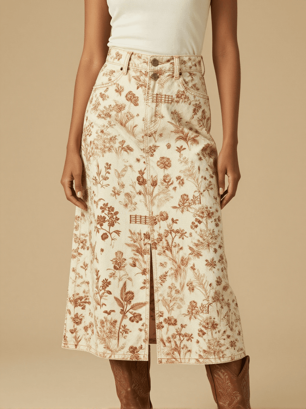 Ranch Fence Floral Western Denim Midi Skirt – Front View – Jessie – Trail Bone Ecru / Tobacco Brown