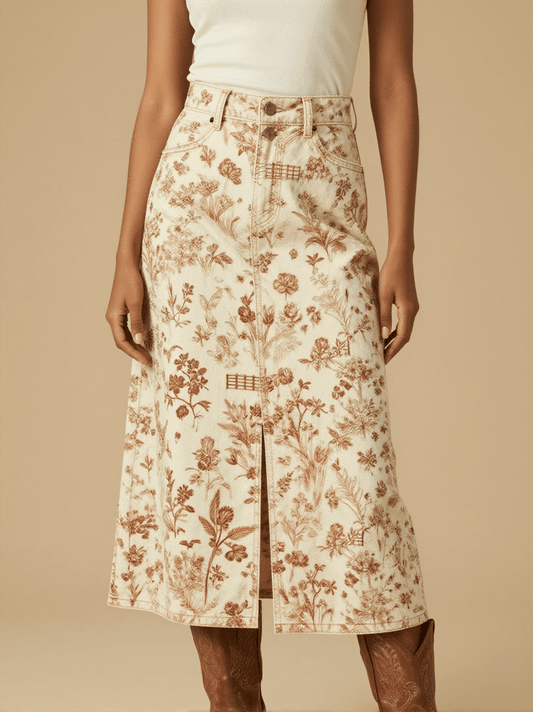 Ranch Fence Floral Western Denim Midi Skirt – Front View – Jessie – Trail Bone Ecru / Tobacco Brown