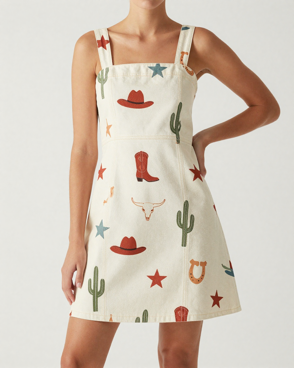 Cowgirl Toss Warm Structured Mini Dress – Front View – Riley – Denim Blue / Warm