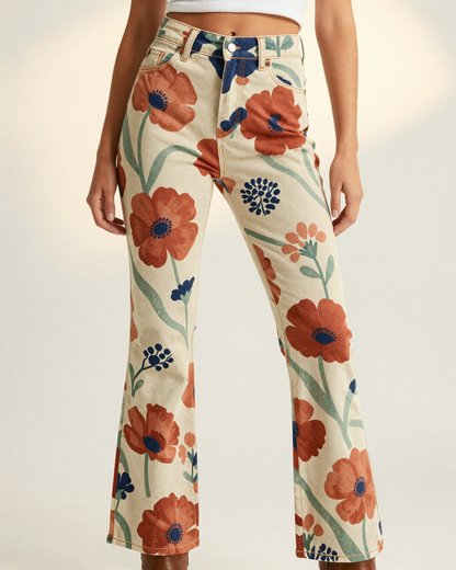 Prairie Poppy Bootcut Jeans – Front View – Riley – Red / Green / Cream