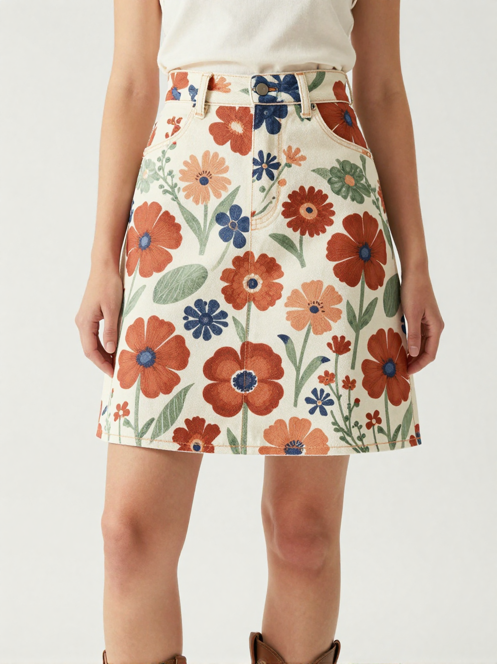 Prairie Poppy Denim Mini Skirt – Front View – Jessie – Red / Green / Cream