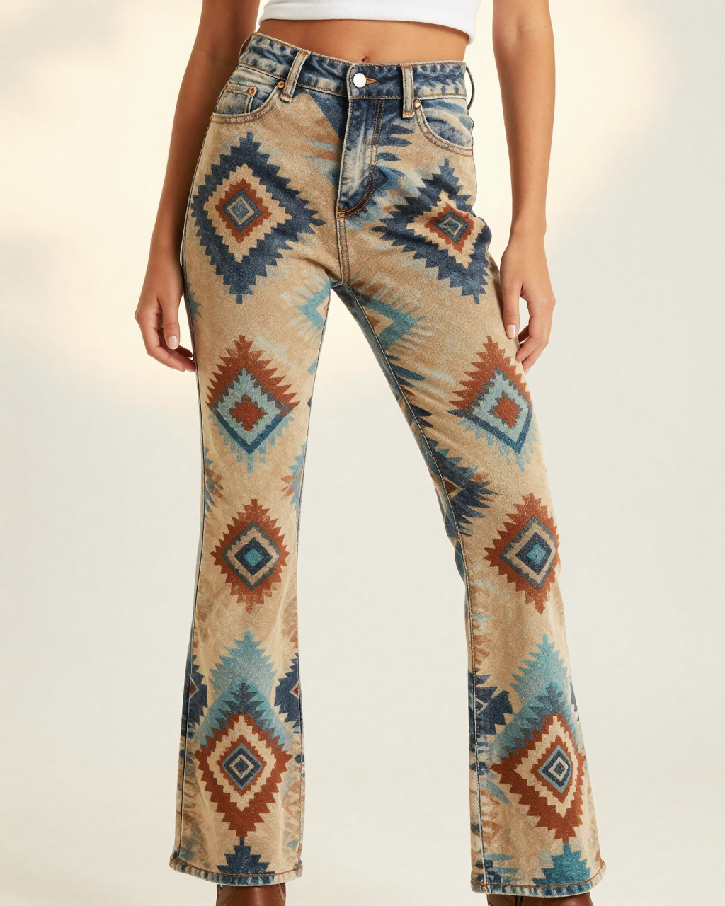 Desert Diamond Bootcut Jeans – Front View – Riley – Rust / Turquoise / Sand