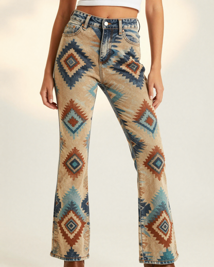 Desert Diamond Bootcut Jeans – Front View – Riley – Rust / Turquoise / Sand