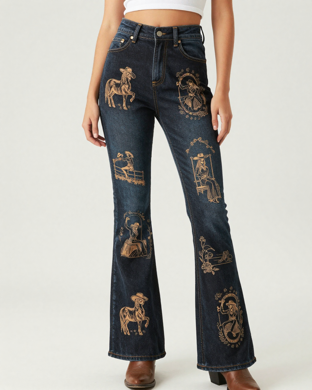 Cowgirl Toile Black Bootcut Jeans – Front View – Riley – Black / Cream
