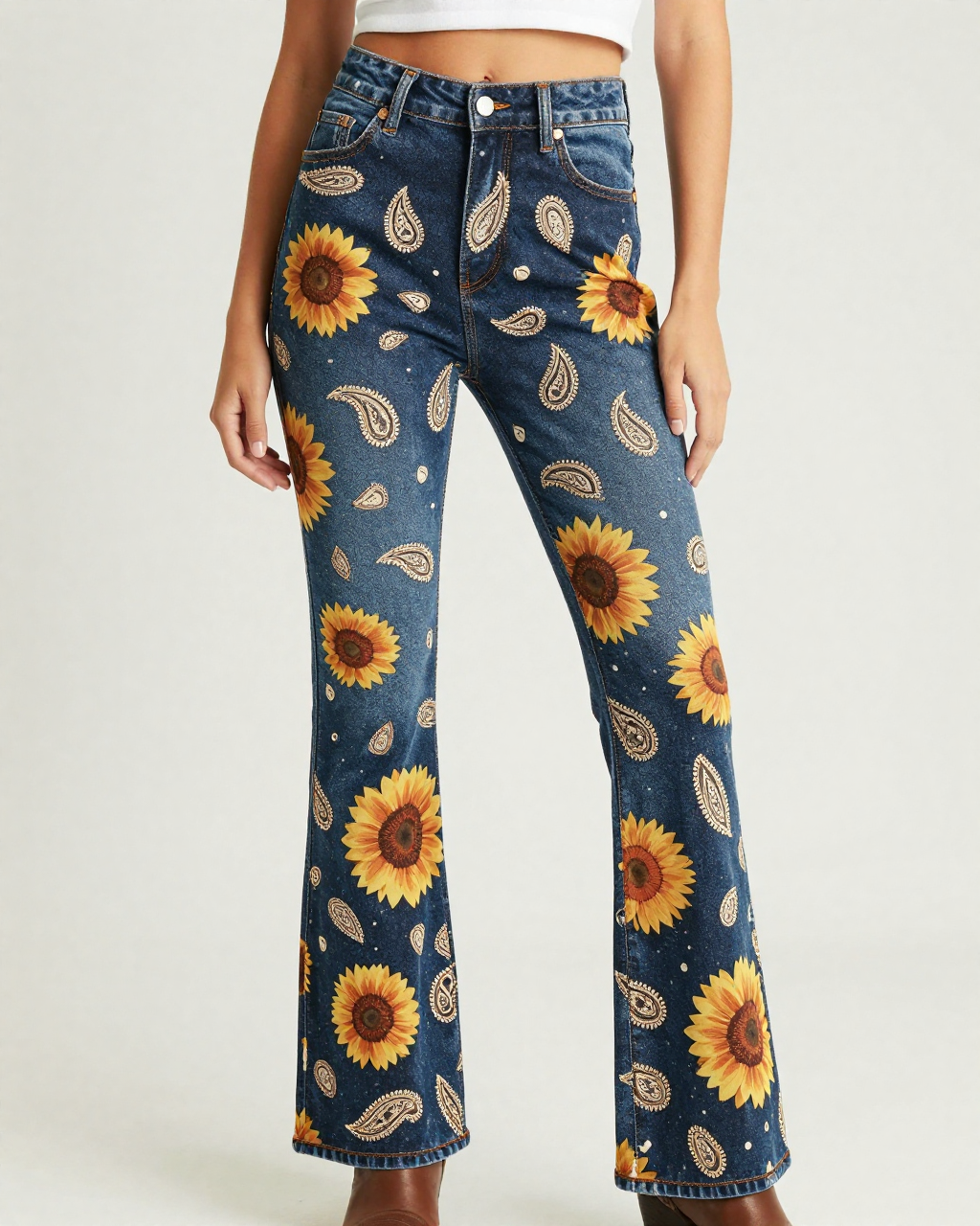 Bandana Bloom Sunflower Bootcut Jeans – Front View – Riley – Black / Cream