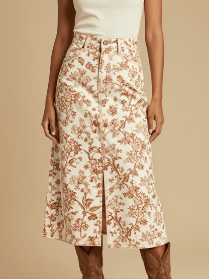 Open Range Calico Toile Western Denim Midi Skirt – Front View – Jessie – Trail Bone Ecru / Tobacco Brown