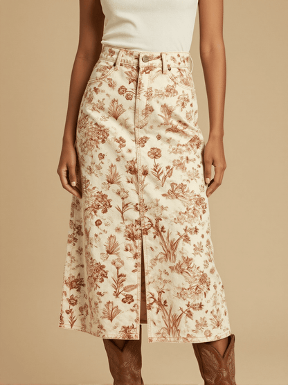 Homestead Windmill Vine Western Denim Midi Skirt – Front View – Jessie – Trail Bone Ecru / Tobacco Brown