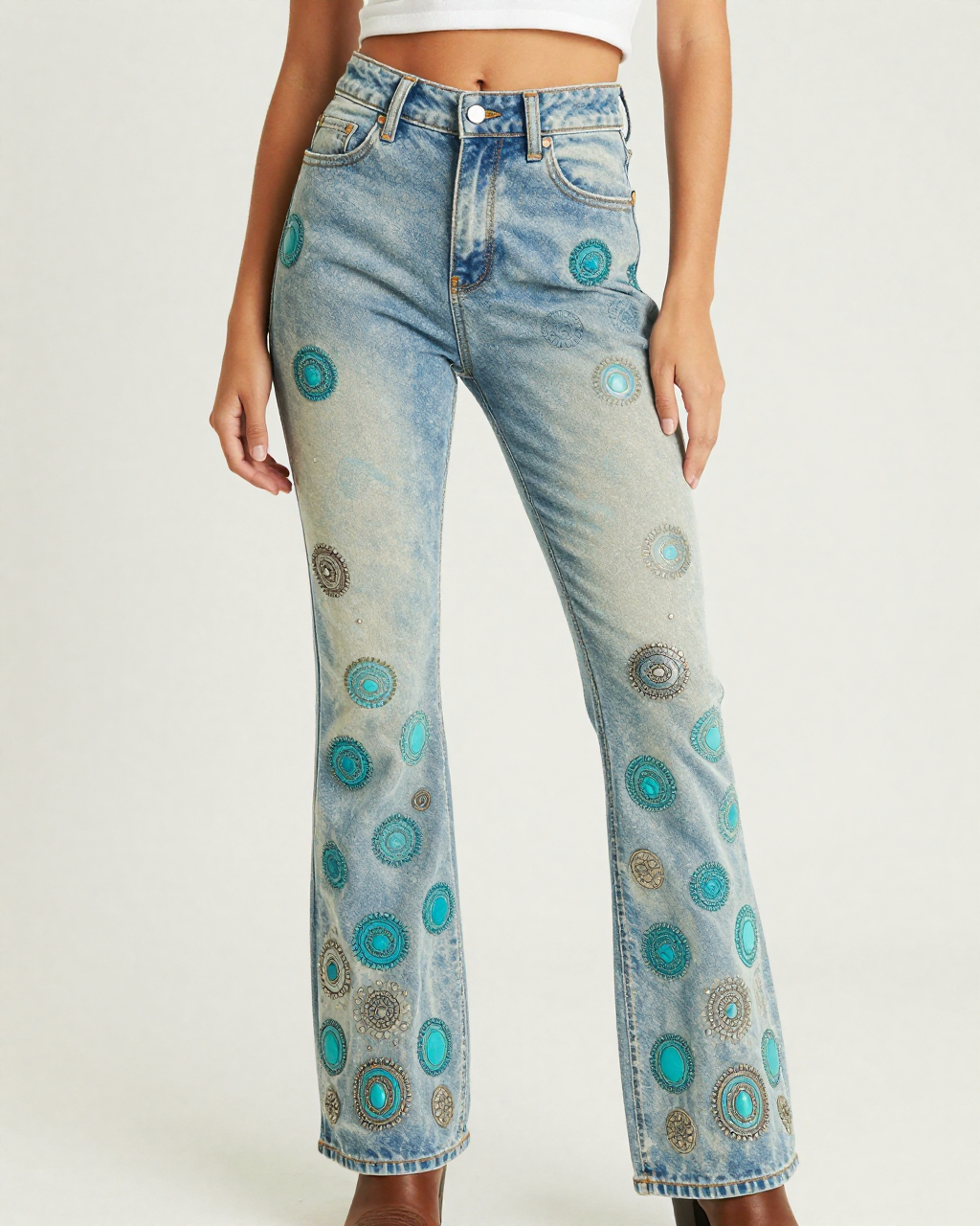 Concho Turquoise Bootcut Jeans – Front View – Riley – Cream / Ivory