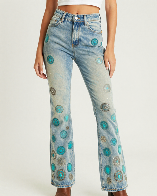 Concho Turquoise Bootcut Jeans – Front View – Riley – Cream / Ivory