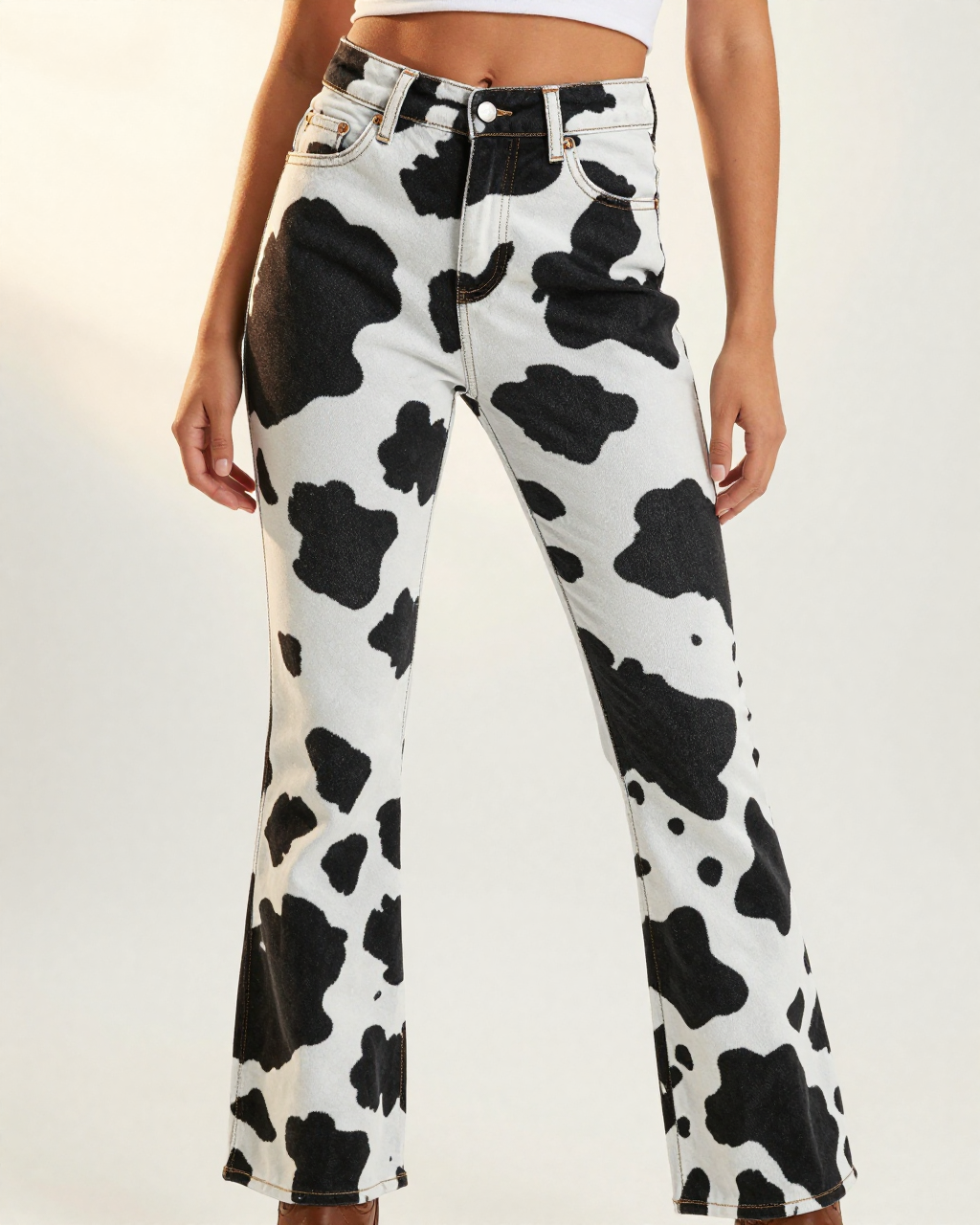 Black Cow Bold Bootcut Jeans – Front View – Riley – Black / White