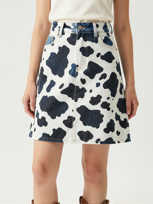 Black Cow Bold Denim Mini Skirt – Front View – Jessie – Black / White
