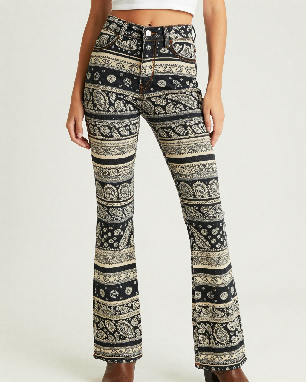 Paisley Stripe Black Bootcut Jeans – Front View – Riley – Black / Cream