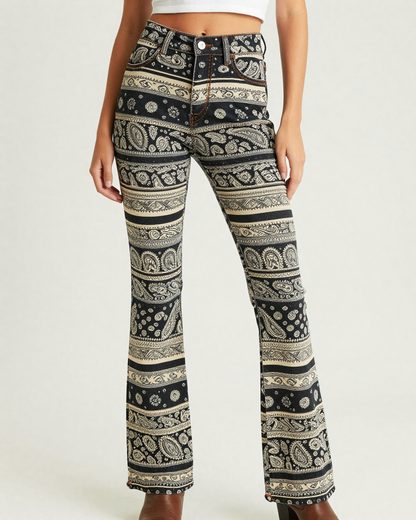 Paisley Stripe Black Bootcut Jeans – Front View – Riley – Black / Cream