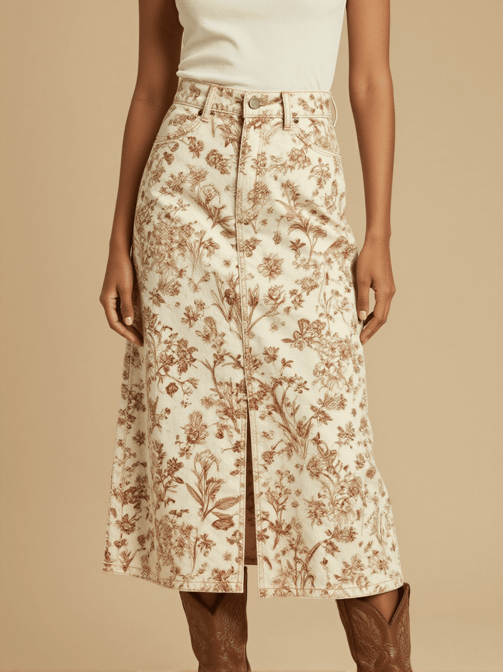 Sage Brown Prairie Floral Western Denim Midi Skirt – Front View – Jessie – Trail Bone Ecru / Tobacco Brown