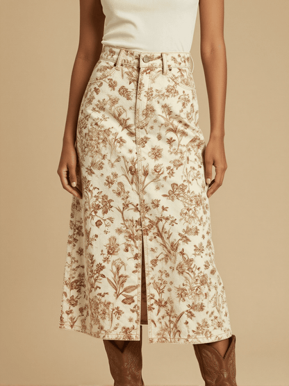 Sage Brown Prairie Floral Western Denim Midi Skirt – Front View – Jessie – Trail Bone Ecru / Tobacco Brown
