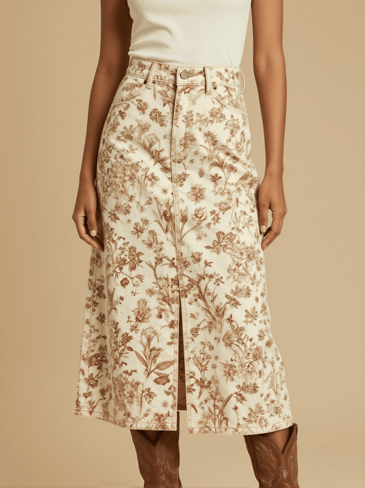 Sage Brown Prairie Floral Western Denim Midi Skirt – Front View – Jessie – Trail Bone Ecru / Tobacco Brown