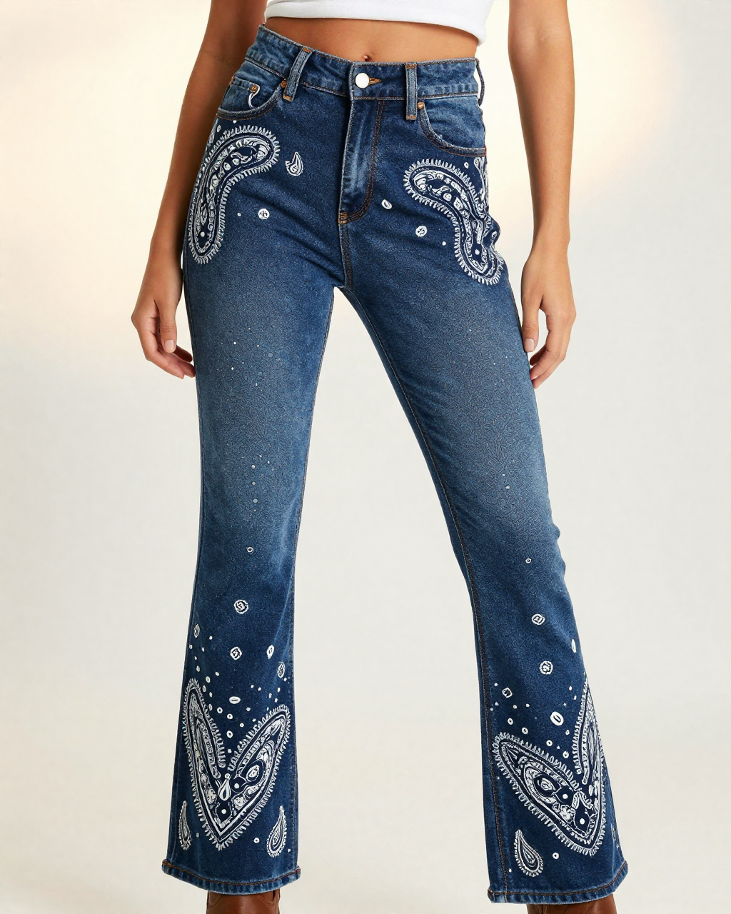Midnight Navy Bandana Bootcut Jeans – Front View – Riley – Navy / White