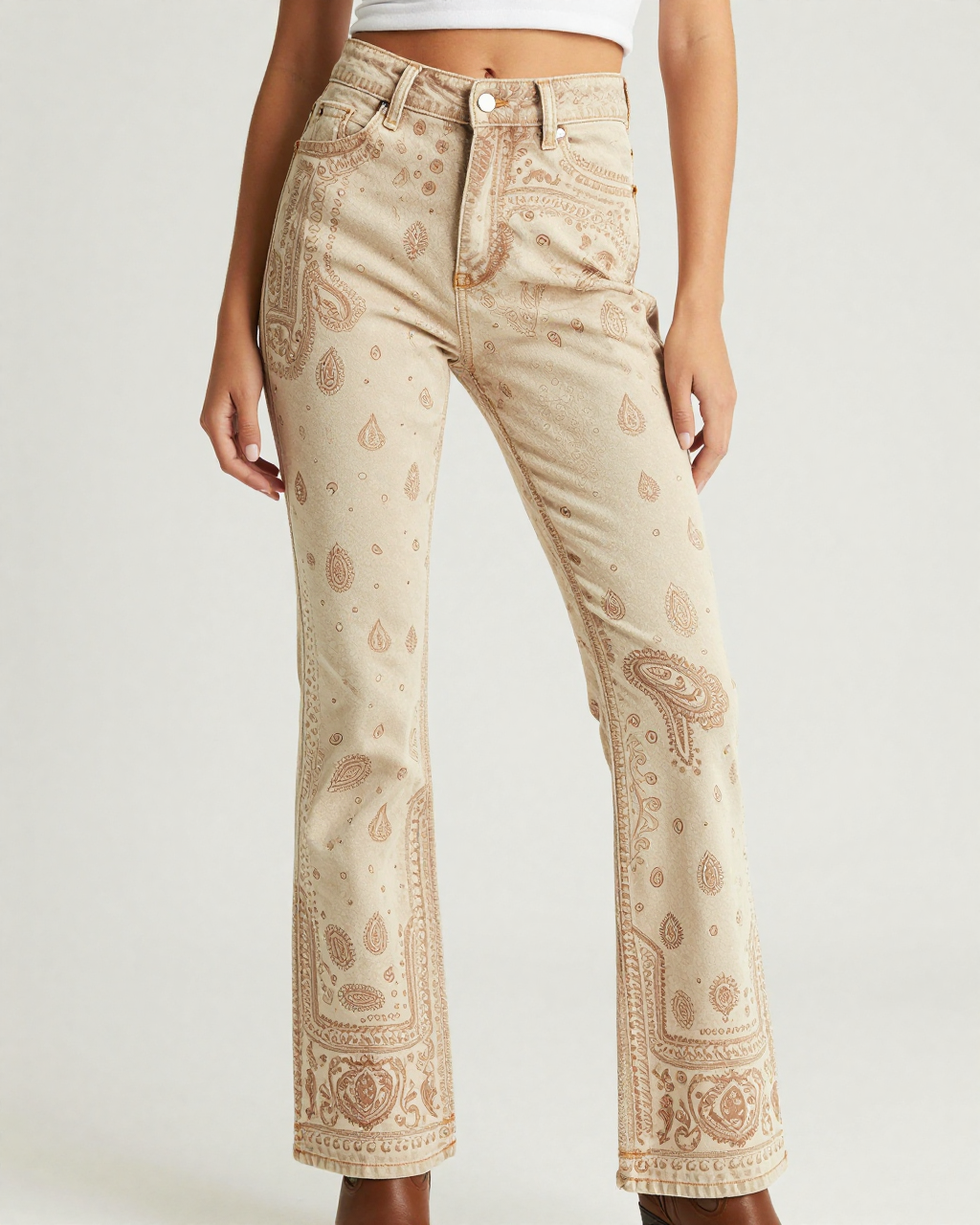 Cream Bandana Bootcut Jeans – Front View – Riley – Cream / Ivory