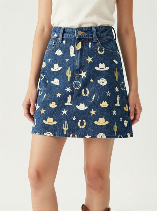 Cowgirl Toss Cool Denim Mini Skirt – Front View – Jessie – Navy / Pink / Cream