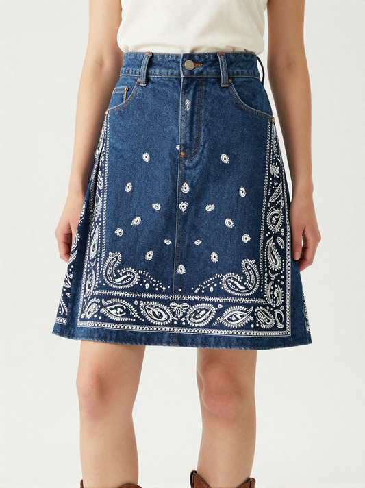 Midnight Navy Bandana Denim Mini Skirt – Front View – Jessie – Navy / White