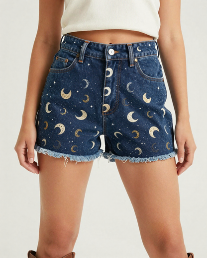 Moon Phase Horseshoe Denim Shorts – Front View – Riley – Navy / White