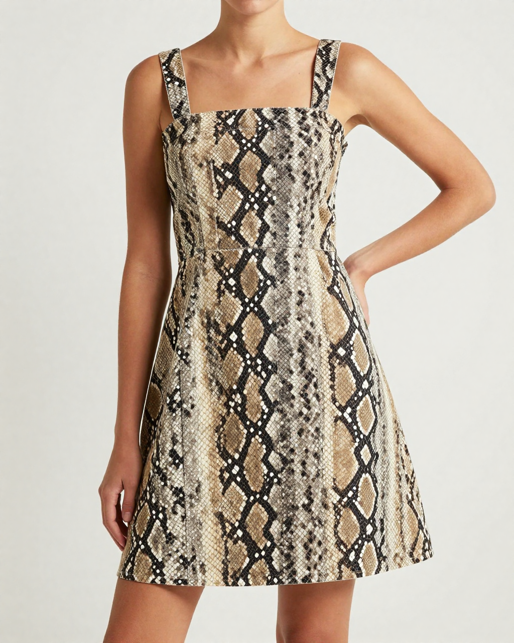 Desert Python Structured Mini Dress – Front View – Riley – Tan / Chocolate