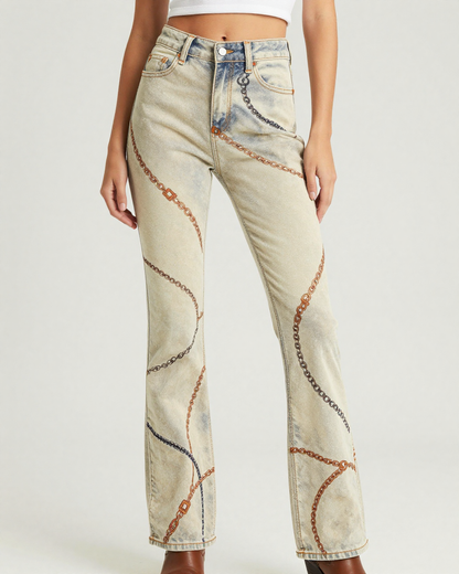 Bit & Chain Cream Bootcut Jeans – Front View – Riley – Cream / Ivory